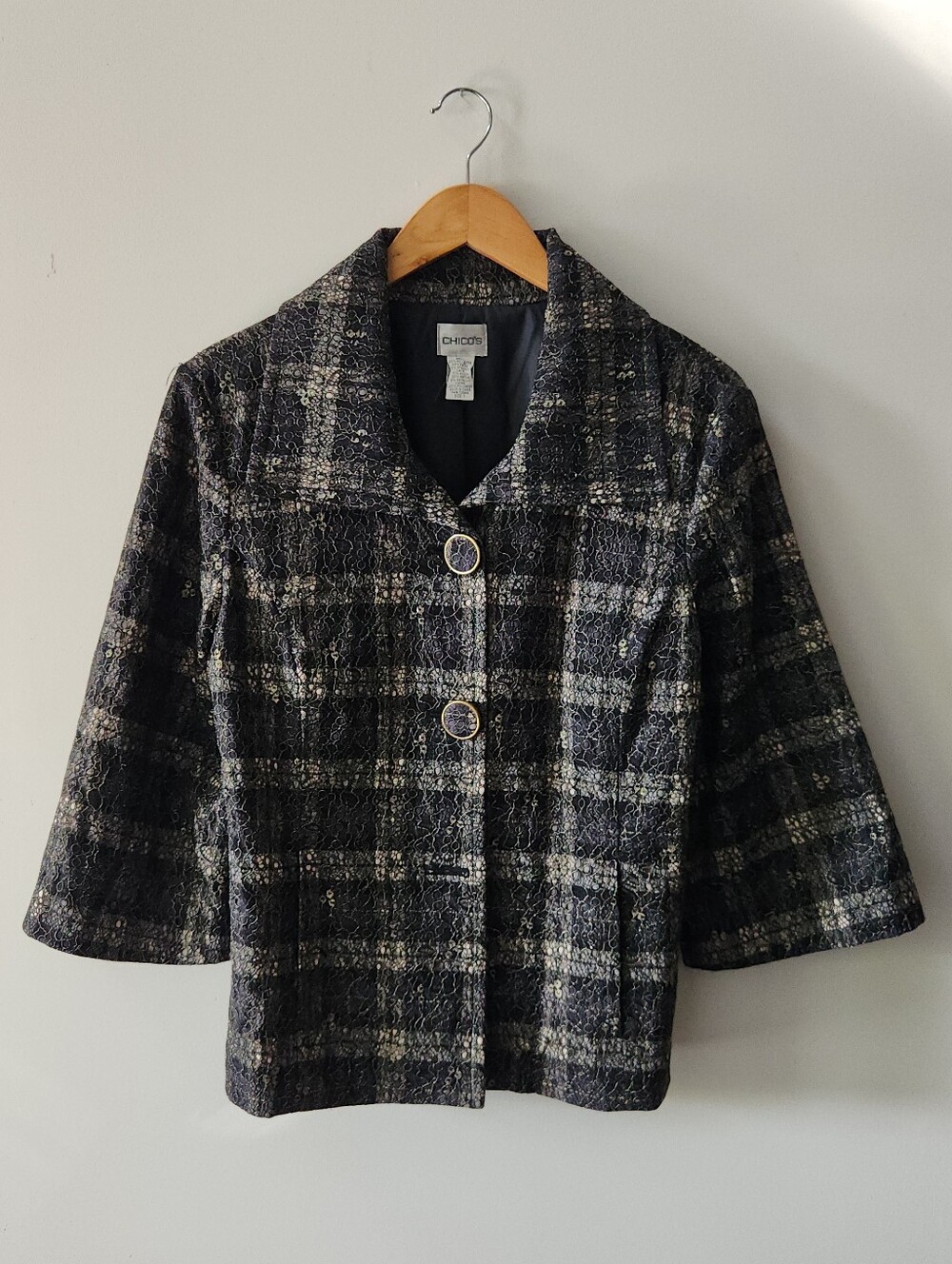 Chico’s Lace Plaid Jacket Womens Size 1 Fully Lined Evening Blazer